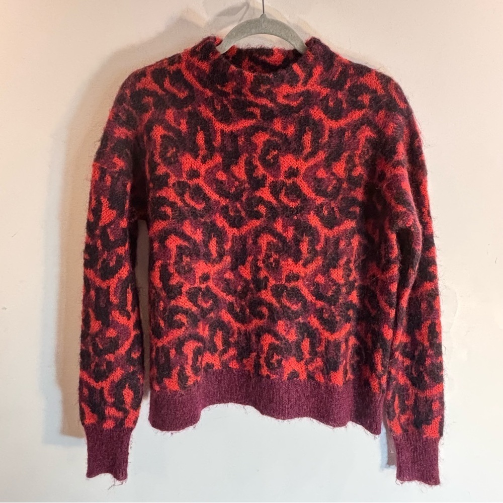 KAREN MILLEN Sz UK M Red Black Pink Animal Pattern Mock Neck Wool Mohair Sweater